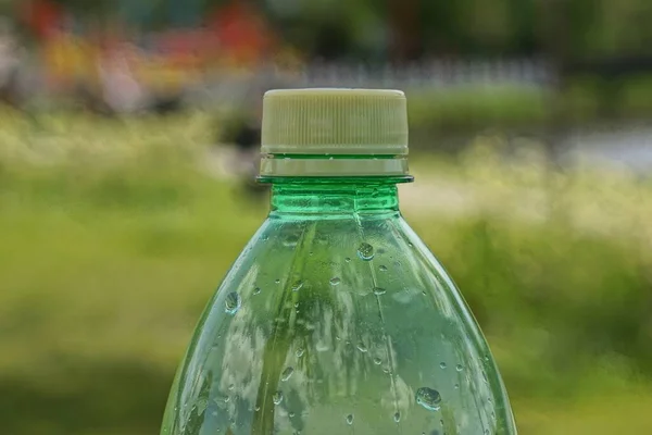 Part One Plastic Green Bottle Closed Yellow Cork Street — Stock Photo, Image