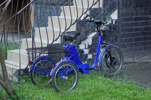 Jeden Niebieski Trójkołowy Rower Elektryczny Stoi Zielonej Trawie Czarnej Ceglanej — Zdjęcie stockowe