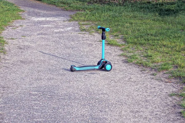 Yolun gri asfaltında, parktaki yeşil çimlerin yanında boş mavi bir scooter duruyor.