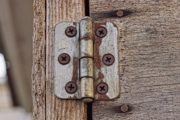 One Old White Small Door Hinge Brown Rust Gray Wooden — Stock Photo, Image