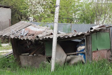 Eski harabe bir ahırın bir parçası. Çatısında kırık gri ahşap tahtalar var. Dışarıda, yeşil çimlerde.