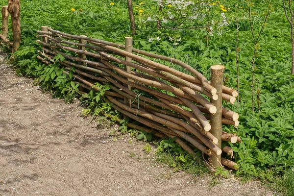Kırsal bir sokakta yeşil çimenlikteki dallardan yapılmış ahşap hasırdan yapılmış gri dekoratif çitler