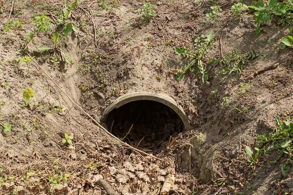 Grand Tuyau Égout Fer Dans Terre Grise Herbe Verte Sur — Photo