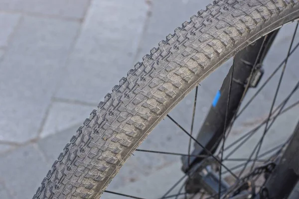 Del Ett Hjul Tillverkat Grå Svart Gummidäck Och Metallekrar Cykel — Stockfoto