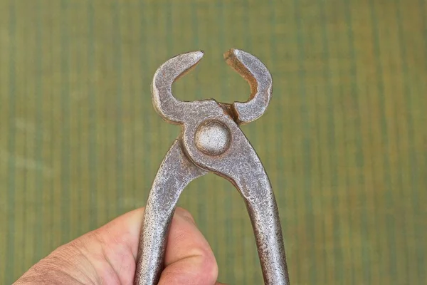 Hand Holds One Old Gray Iron Tongs Green Background — Stock Photo, Image