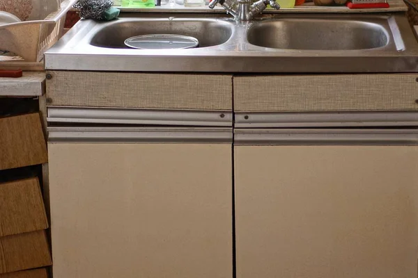 One Gray Wooden Old Nightstand Metal Sink Kitchen — Stock Photo, Image