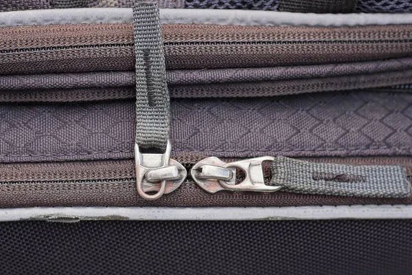 Two White Closed Metal Zips Gray Fabric Old Bag — Stockfoto