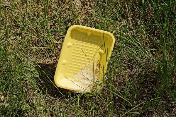 garbage from one yellow plastic packaging box lies on green grass and ground in nature