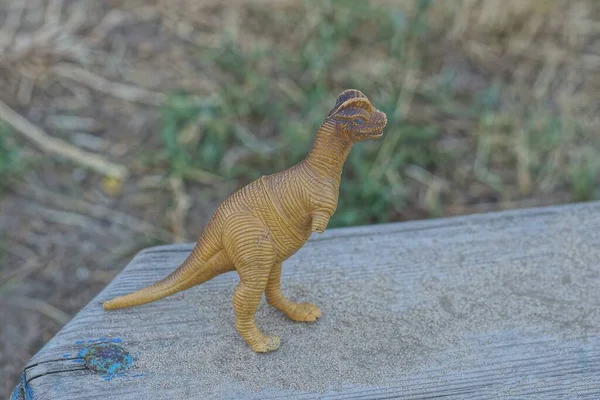 Один Маленький Пластиковый Коричневый Игрушечный Динозавр Стоит Сером Столе Улице — стоковое фото