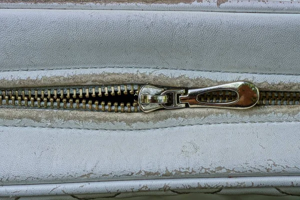One Gray Yellow Metal Zip Worn Old White Leather Bag — Photo