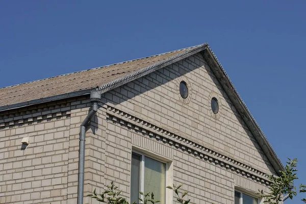 White Brick Attic Private House Window Gray Slate Roof Blue — Stock Photo, Image