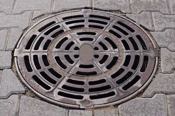 one brown wet iron manhole from the drain grate lies on the gray sidewalk on the street