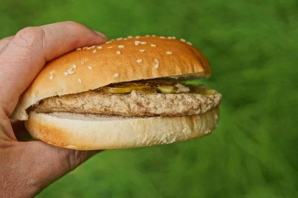 Hand Holding Big Brown Cheeseburger Cutlet Outdoors Green Background — Stockfoto