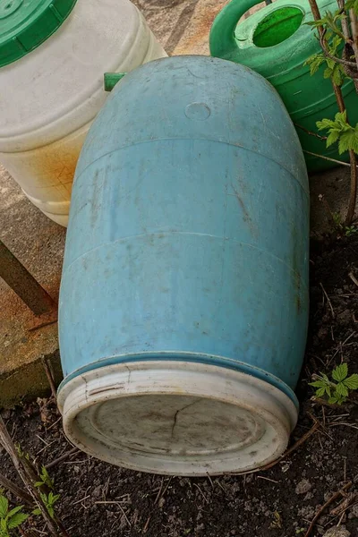 One Blue Dirty Old Plastic Barrel Closed White Lid Lies — Stock Photo, Image
