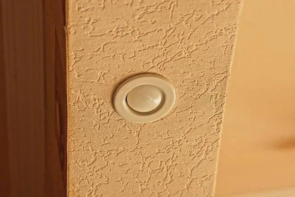 One Small White Led Light Bulb Brown Ceiling Room — Stockfoto