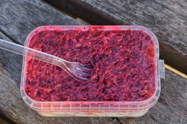 Meal Red Beetroot Salad Mayonnaise Plastic Box White Fork Stands — Zdjęcie stockowe