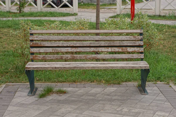 Parktaki Gri Kaldırımın Kenarında Yeşil Çimlerde Duran Boş Kahverengi Ahşap — Stok fotoğraf