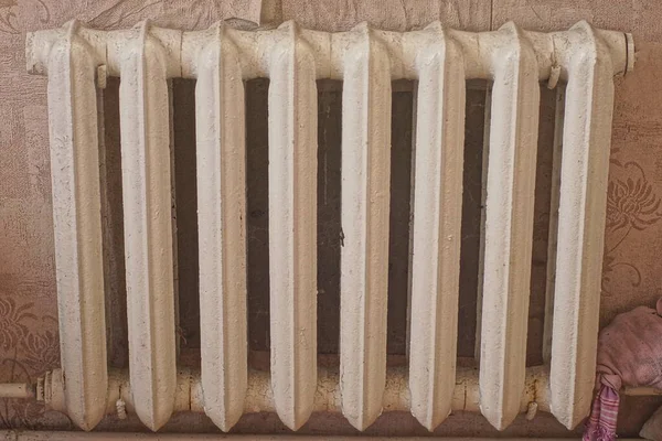 Part Old Cast Iron White Radiator Brown Wall Room — Stok fotoğraf