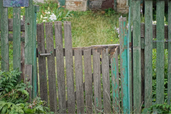 Old Broken Wooden Door Gray Green Fence Wall Rural Street — Stock Fotó