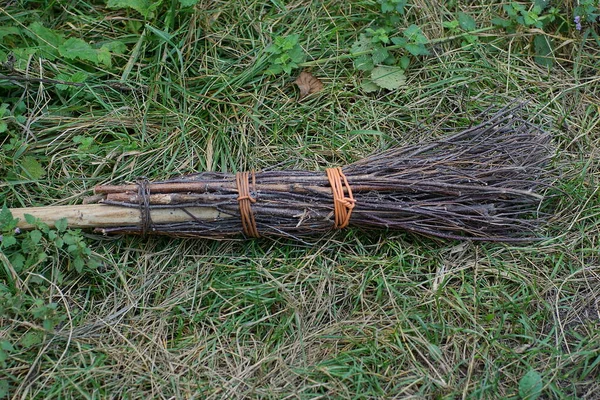 One Old Broom Made Damp Branches Green Grass Vegetation Nature — Stockfoto