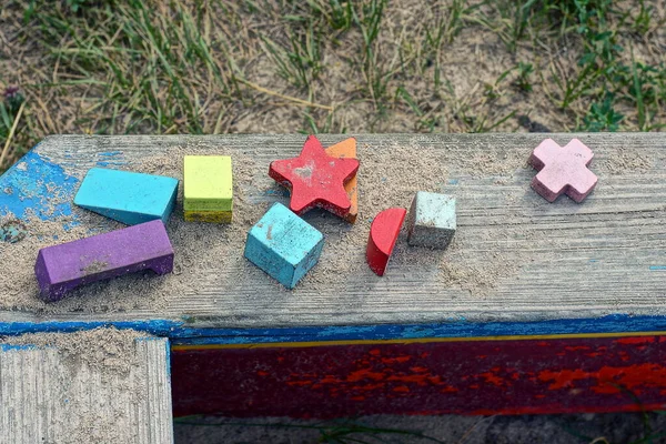 Colored Set Toys Made Colored Wooden Cubes Stars Lies Board — Zdjęcie stockowe