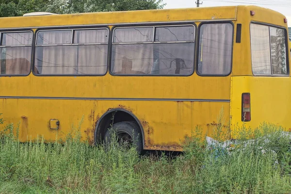 one big yellow old bus in rust stands on the street in green grass