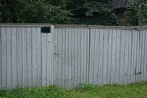 One Closed Wooden Door Gray Wall Rural Fence Street Green — Stockfoto