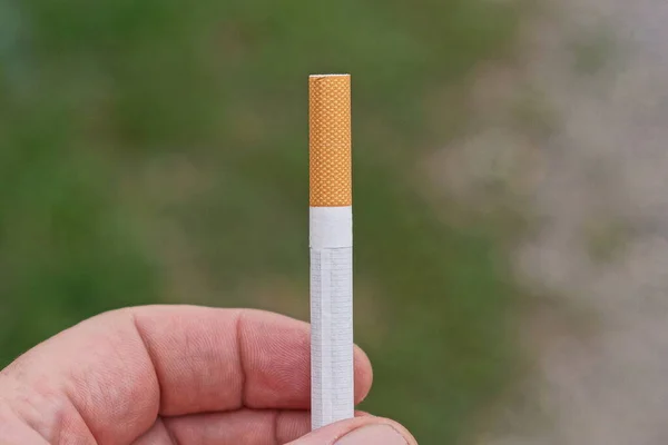 Fingers Hand Hold One White Cigarette Brown Filter Outdoors Green — Fotografia de Stock