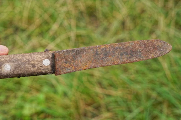 One Old Knife Brown Rusty Blade Wooden Gray Handle Street — Zdjęcie stockowe