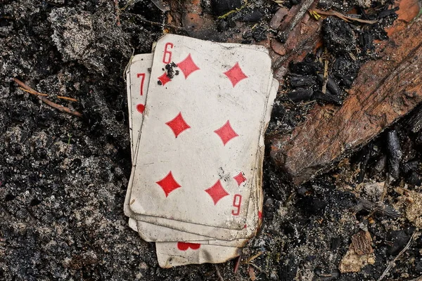 One Old Dirty Playing Card Six Diamonds Lies Black Ashes — Stockfoto