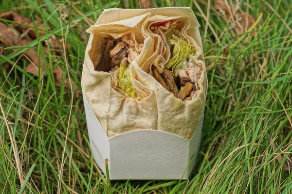 food from one fried shawarma with meat and mushrooms in white paper packaging stands in green grass in nature