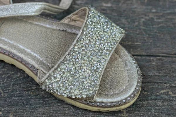 Piece White Old Dirty Leather Sandal Small Rhinestones Stands Gray — Foto Stock