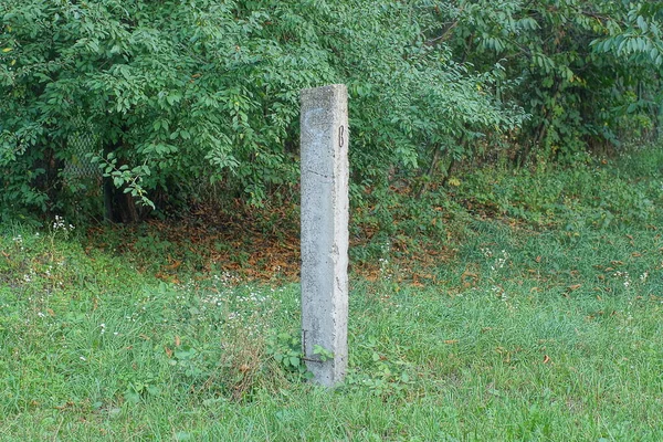 One Old Gray Concrete Pillar Stands Green Grass Vegetation Street — Stockfoto