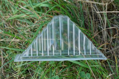garbage from one empty plastic white packaging box lies on the green grass in the street