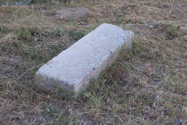 one big gray concrete block stands on the ground and dry grass outside