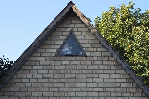 Part Old Brown Brick Attic Rural House Small Window Sky —  Fotos de Stock