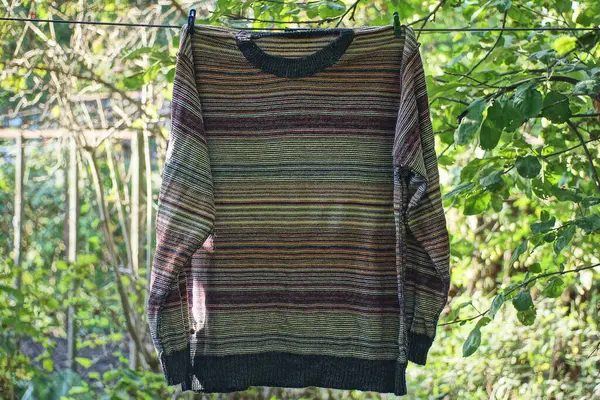 緑の植生の間の通りにあるクロッシングのワイヤーに黒いウールのセーターがかかっています — ストック写真