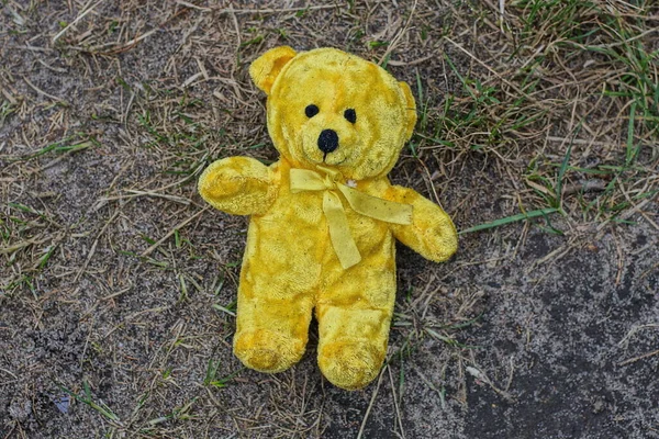 Один Желтый Плюшевый Игрушечный Медведь Лежит Серой Земле Зеленая Трава — стоковое фото