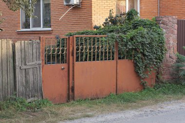 Kırsal sokaktaki eski kapalı kahverengi metal kapılar yeşil bitki örtüsüyle kaplanmış.