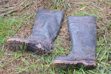 Doğada çimlerin üzerinde gri çamurla kirlenmiş iki yeşil lastik bot var.