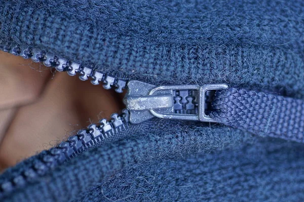 Part Gray Blue Wool Jumper Open Metal Zip — Stock Photo, Image