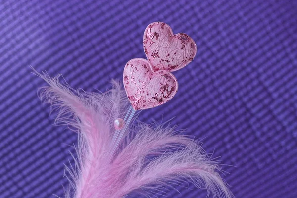 Two Small Pink Fabric Hearts White Plastic Stick Feathers Purple — Stock Photo, Image