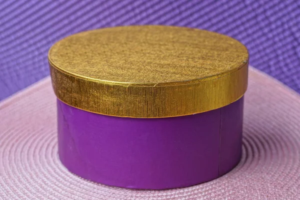 One Purple Decorative Box Closed Yellow Lid Stands Pink Table — Stock Photo, Image