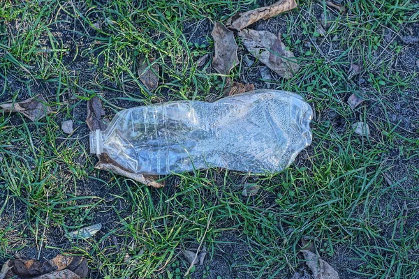 Garbage One Empty White Plastic Bottle Lies Green Grass Nature — Stockfoto