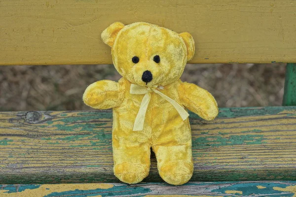 Один Маленький Плюшевый Желтый Медведь Стоит Столе Напротив Коричневой Деревянной — стоковое фото