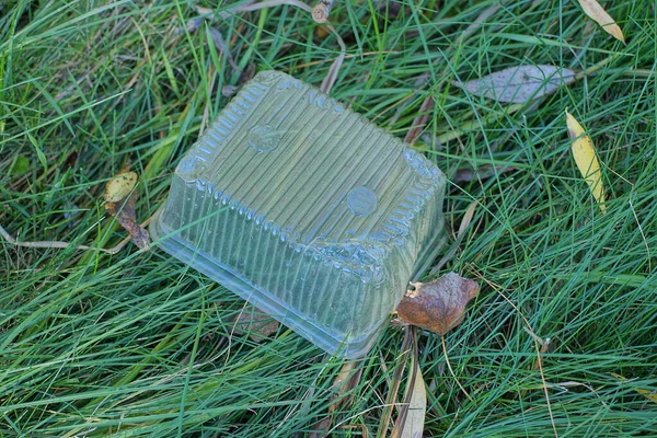 Basura Una Caja Embalaje Plástico Sucio Blanco Encuentra Hierba Verde —  Fotos de Stock