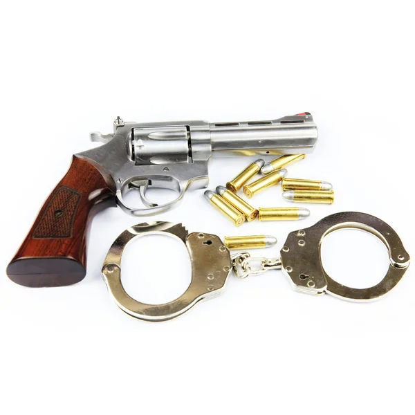 Gun, bullets and handcuffs isolated on white background — Stock Photo, Image