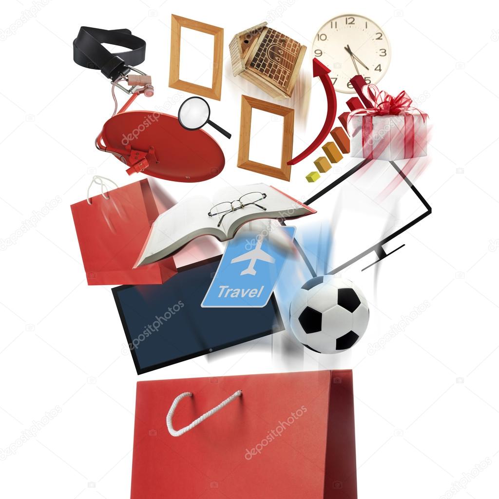 Red shopping bag and wide variety of products