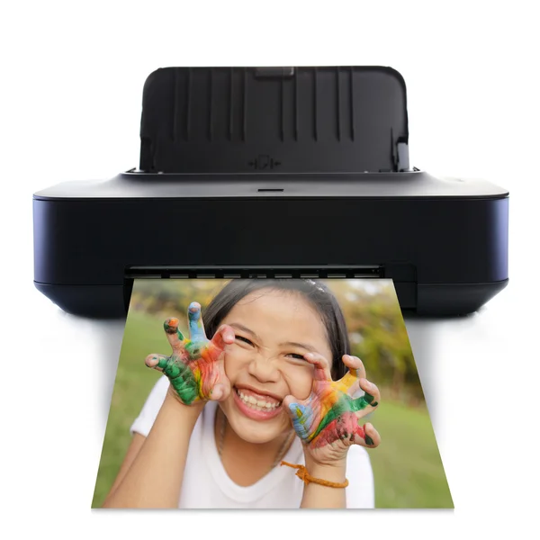 Printer and picture and Little girl with hands in colorful paint — Stock Photo, Image