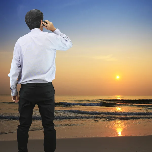 Businessman talking on the phone at the beach — Stock Photo, Image